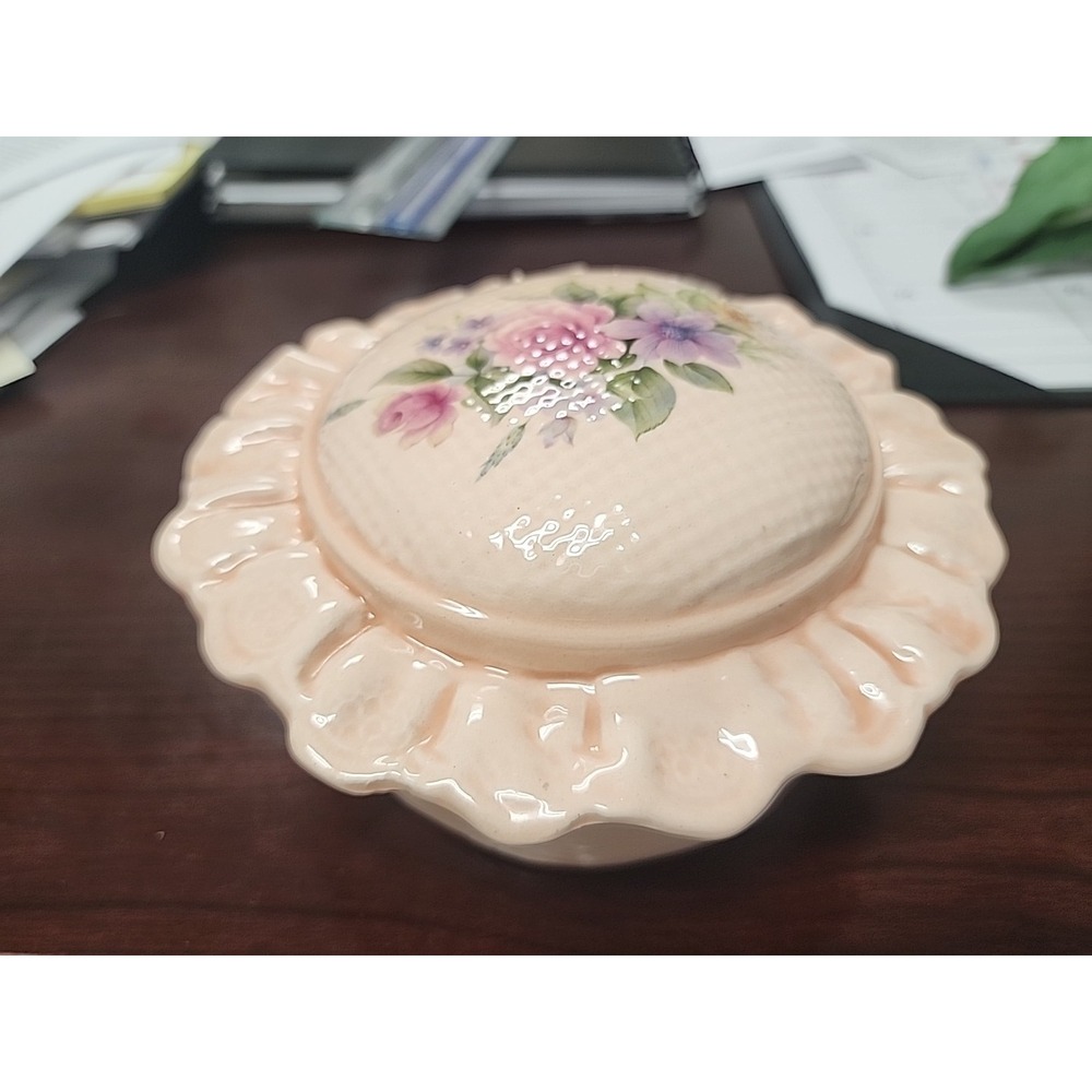 Vintage Cottage Core Pink Ruffled Hand Painted Trinket Dish